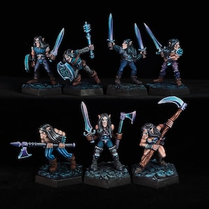 Könnte beinhalten: Miniatur-Fantasy-Figuren von Elfen in verschiedenen Posen, die Schwerter, Äxte und eine Sense schwingen. Die Figuren sind mit detaillierter Rüstung und Kleidung in Blau-, Lila- und Brauntönen bemalt. Jede Figur steht auf einem strukturierten Sockel.