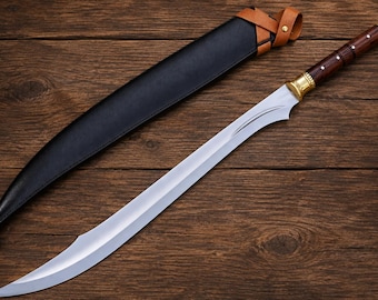 Espada de exhibición de acero curvado hecha a mano, mango de palisandro, grabada a medida (96,5 cm de longitud total)