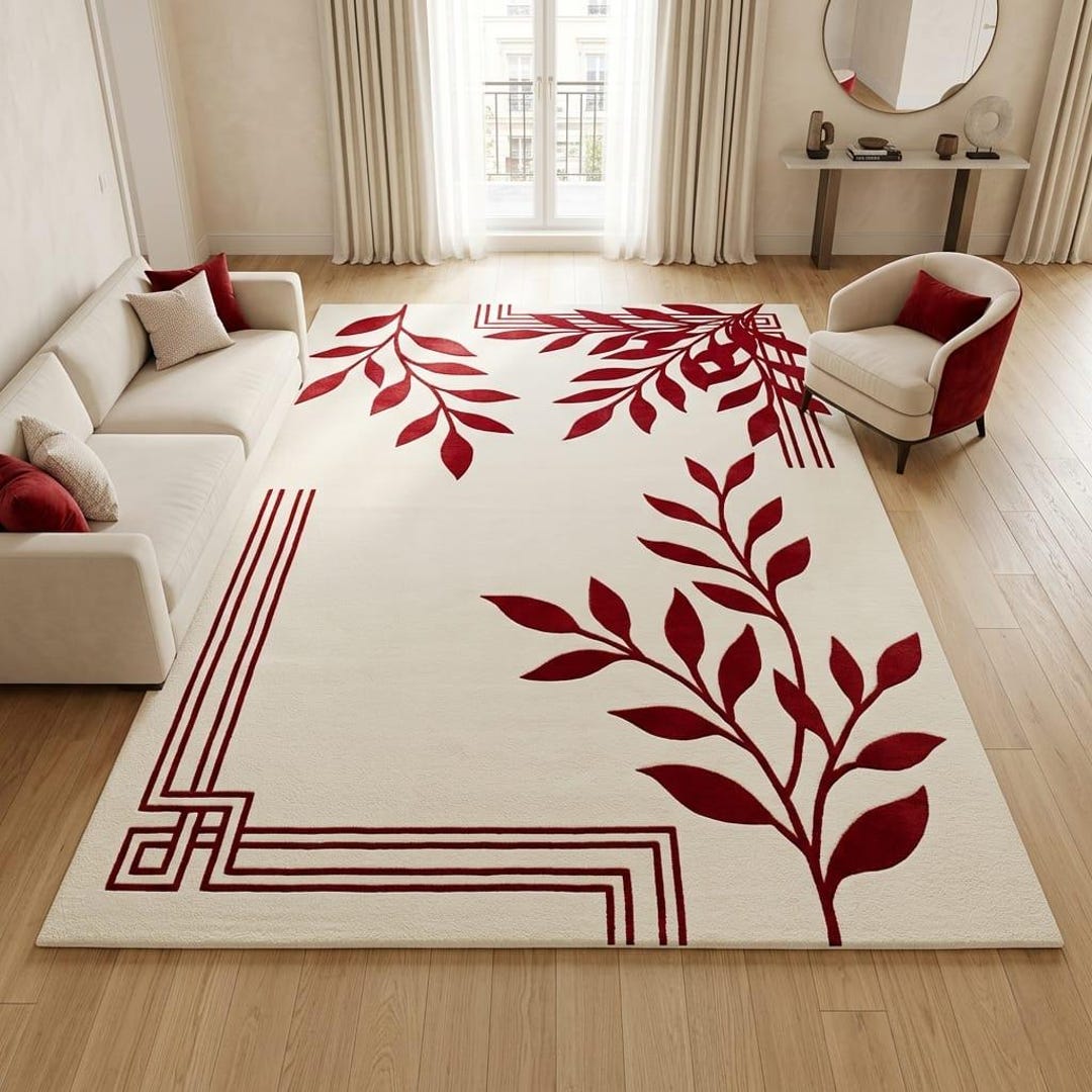 Hand Tufted Wool Rug 5x7, 6x9, 8x10, Cream Red Floral Rug, Modern ...