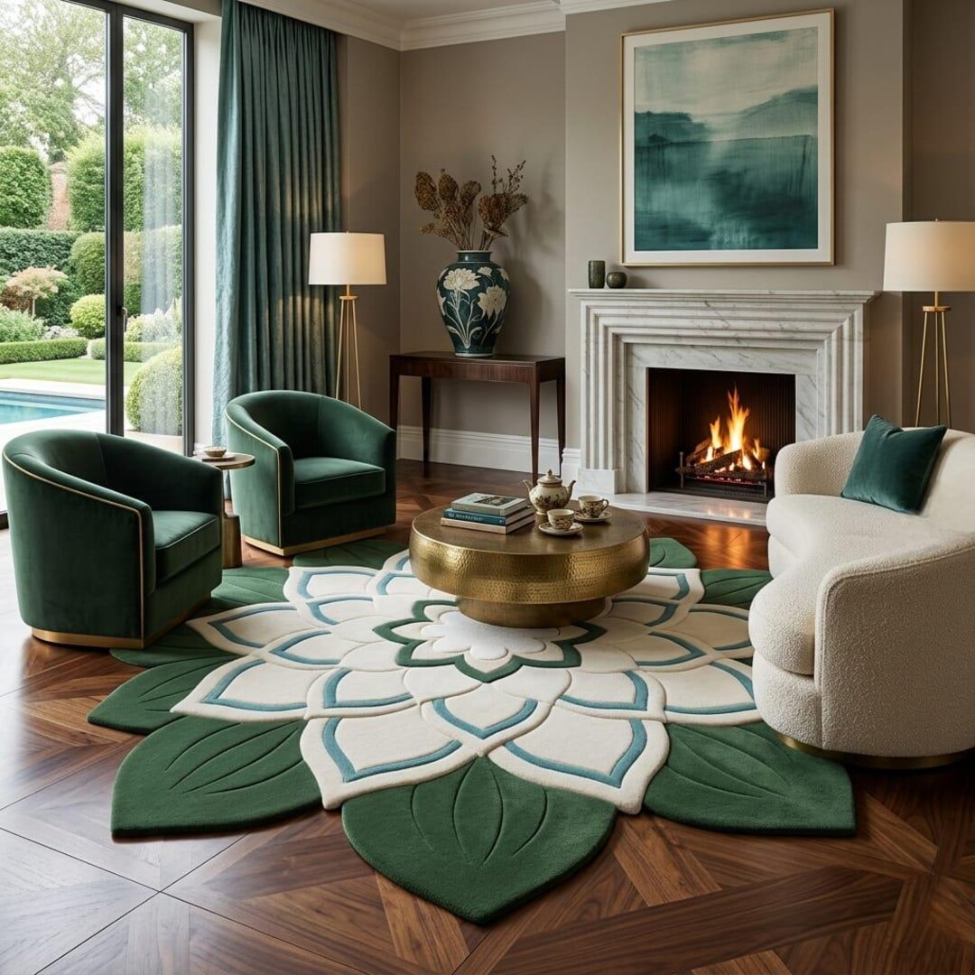 Modern Rug Lotus Rug Hand Tufted Wool Floral Rug, Lotus Mandala Green Area Rug, Handmade ...