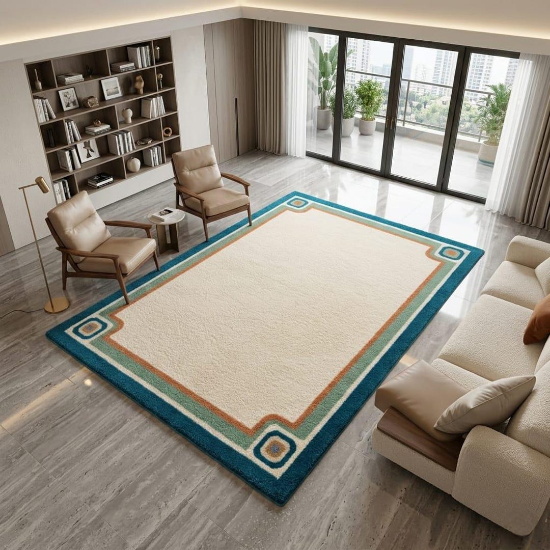 Wool Rug Bordered Design Hand Tufted Wool Rug, Modern Border Area Rug, Cream Teal Geometric ...