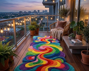 May include: A colorful, wavy rug with a rainbow design is laid out on a wooden balcony. The rug's vibrant hues of red, orange, yellow, green, blue, and purple create a striking visual. The balcony overlooks a cityscape at dusk, with string lights overhead.