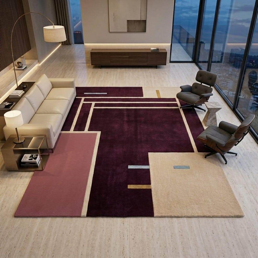 Modern Geometric Hand Tufted Wool Rug, Abstract Burgundy Beige Area Rug ...
