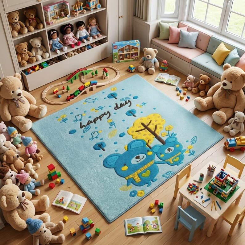 Blue Bear Kids Rug, Woodland Nursery Rug, Cute Animal Area Rug, Hand ...