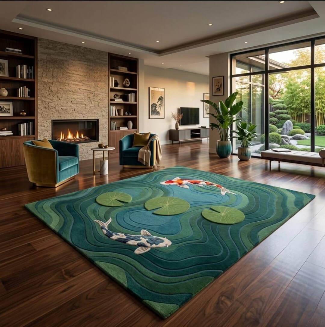 Pond Rug Abstract Hand Tufted Koi Fish Rug, Japanese Pond Inspired Wool Area Rug, Lily ...