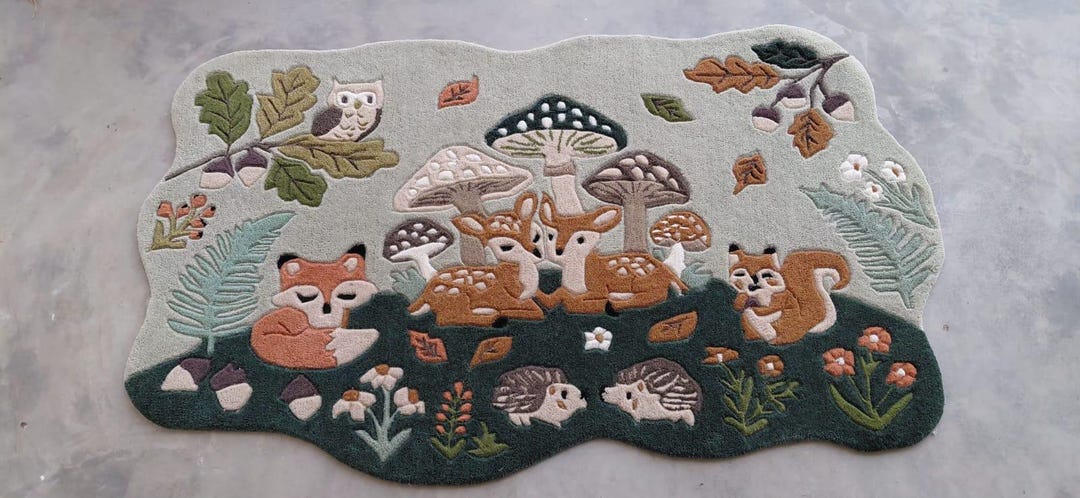 Woodland Animals Hand Tufted Rug, Kids Room Forest Theme Carpet ...