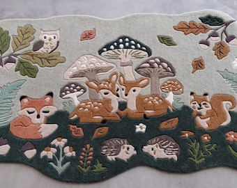 Alfombra tejida a mano con animales del bosque, alfombra con temática de bosque para habitación infantil, alfombra para guardería, alfombra de lana con zorro, ciervo y seta, linda decoración para habitación de bebé,
