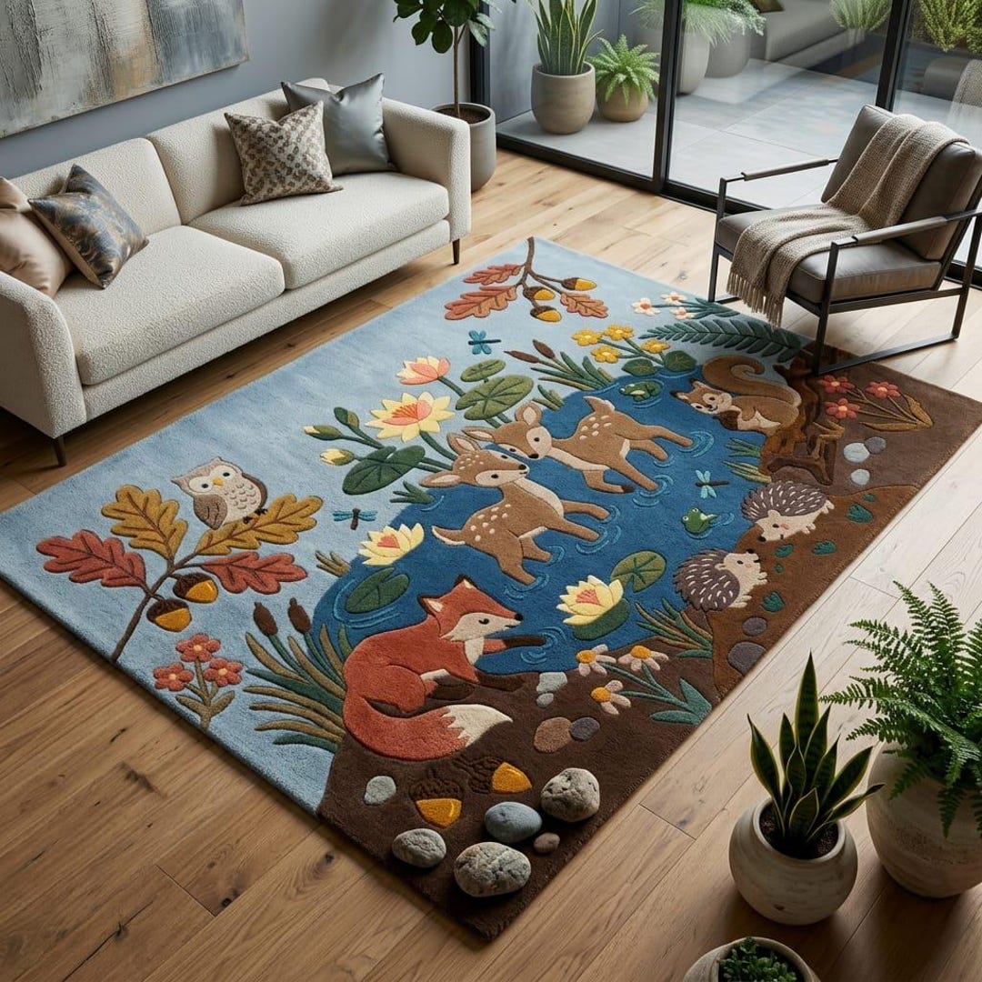 Forest Throw Rug Woodland Animal Nursery Rug, Hand Tufted Wool Carpet, Kids Room Decor ...