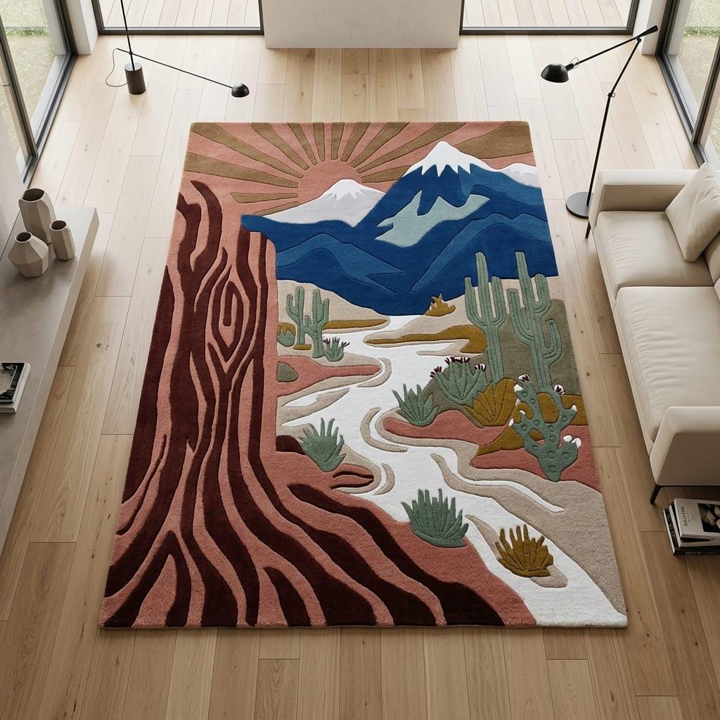 3D Textured Desert Sunset Rug - Hand Tufted Saguaro Cactus Wool Rug ...