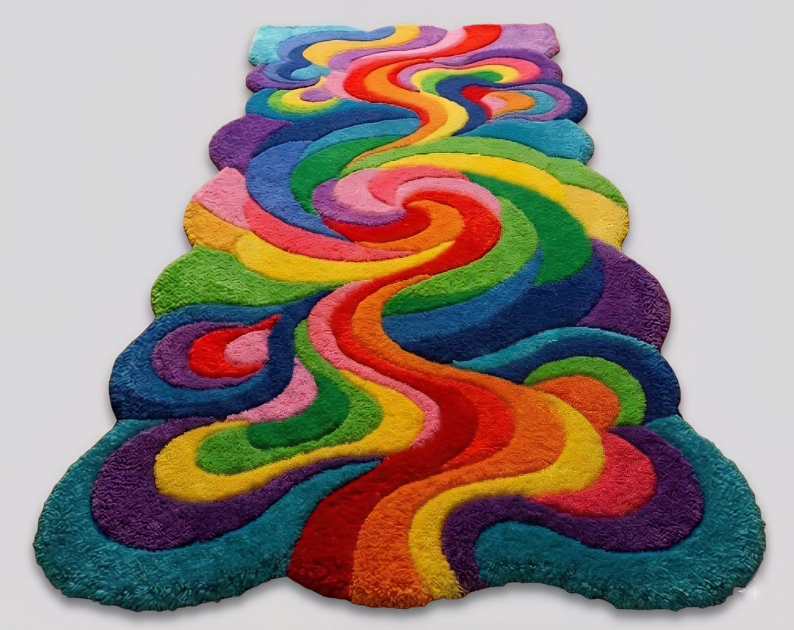 Unique Shape Runner Rug Colorful Abstract Hand Tufted Wool Runner Rug, Rainbow Swirl Hallway ...