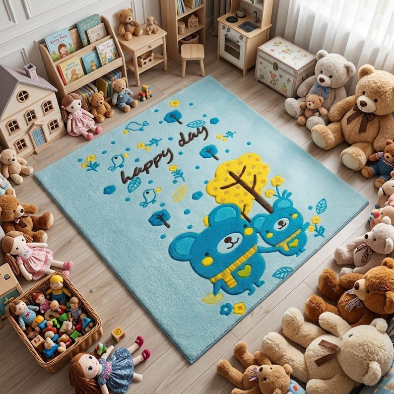 Blue Bear Kids Rug, Woodland Nursery Rug, Cute Animal Area Rug, Hand ...