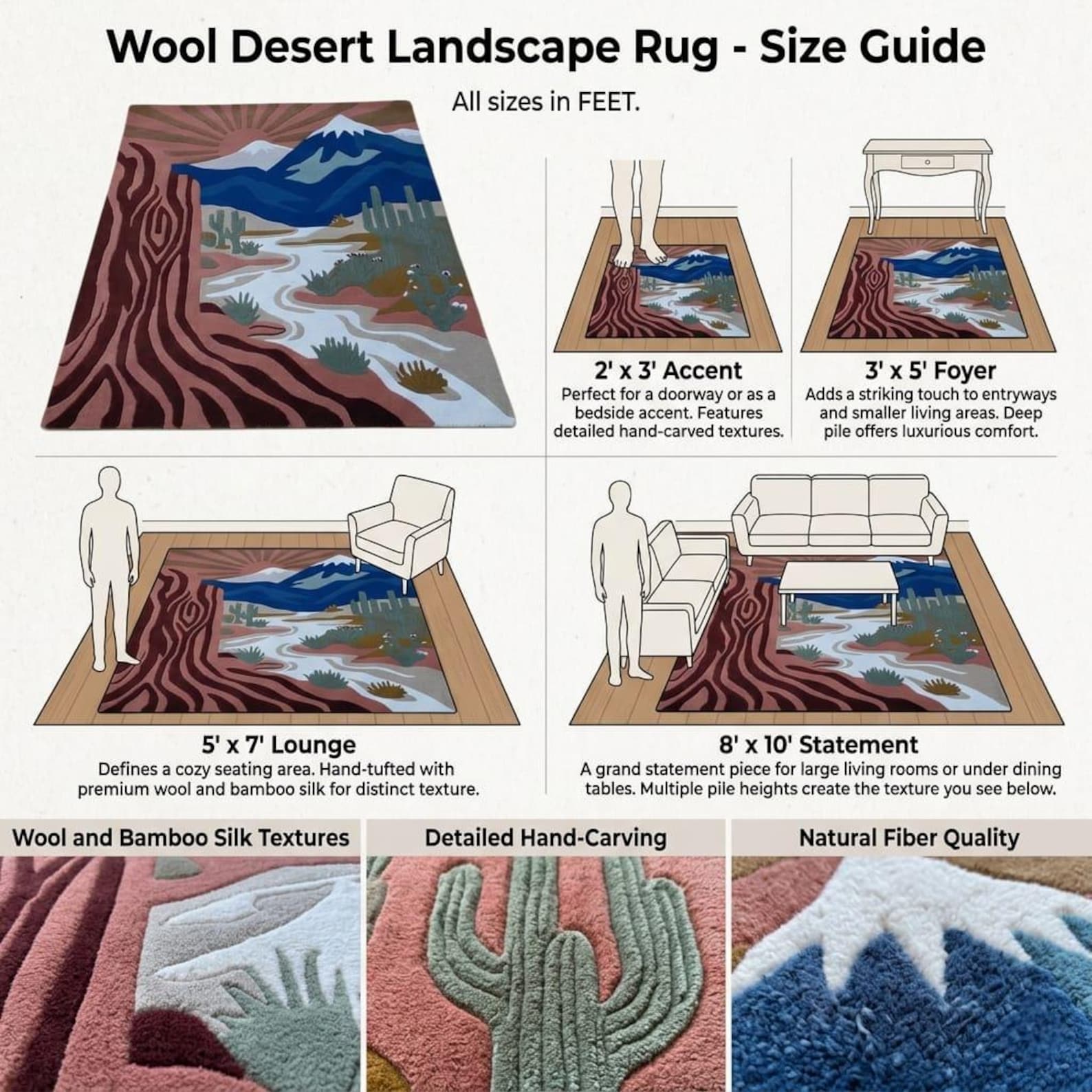 3D Textured Desert Sunset Rug - Hand Tufted Saguaro Cactus Wool Rug ...