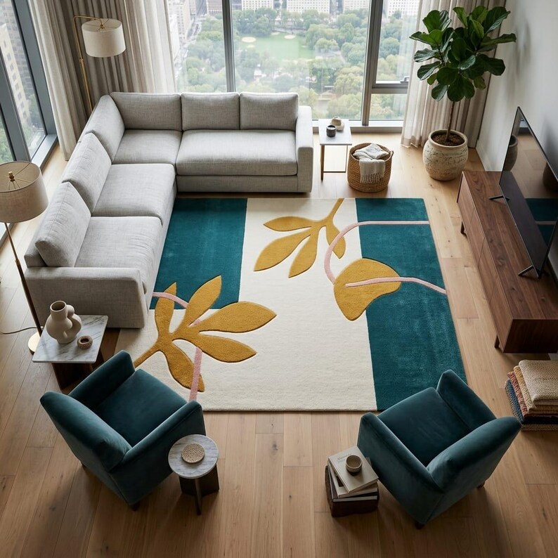 Modern Abstract Hand Tufted Wool Rug, Green Cream Mustard Area Rug ...