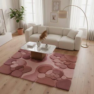 Blush Pink Abstract Pebble Rug, Hand Tufted Wool Area Rug, Modern Sculpted Bubble Carpet, Textured Contemporary Living Room Rug