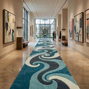 May include: A long, rectangular rug with a wave-like pattern in shades of blue, gray, and white. The rug is placed in a hallway with artwork on the walls and natural light from large windows. The rug's design adds a modern touch to the space.