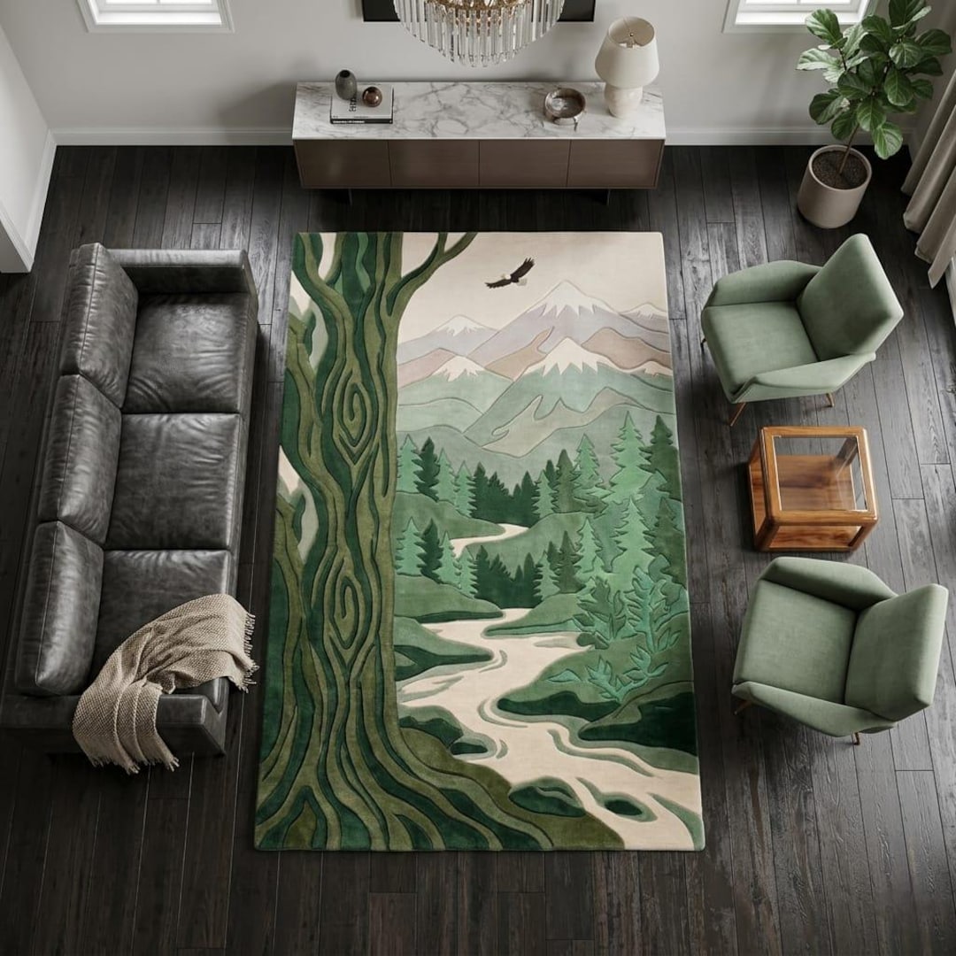 Hand Tufted Wool Rug Landscape Forest Design Green Area Rug Mountain ...