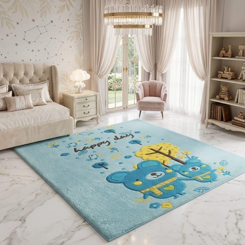 Blue Bear Kids Rug, Woodland Nursery Rug, Cute Animal Area Rug, Hand ...
