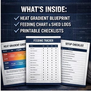 Op de afbeelding: Een donkerblauwe afbeelding met de tekst "WHAT'S INSIDE: HEAT GRADIENT BLUEPRINT, FEEDING CHART & SHED LOGS, PRINTABLE CHECKLISTS." Drie witte vellen tonen een warmtegradi&euml;ntgids, een voedingsvolger en een checklist.