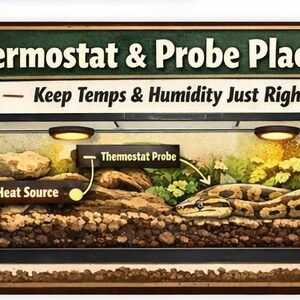 Peut inclure: Guide illustr&eacute; pour l'installation d'un terrarium pour reptiles. L'image montre un terrarium avec un serpent, une source de chaleur et une sonde de thermostat. Le texte indique "Thermostat & Probe Placement - Keep Temps & Humidity Just Right".