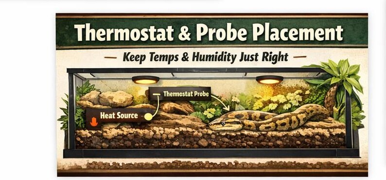 Peut inclure: Guide illustr&eacute; pour l'installation d'un terrarium pour reptiles. L'image montre un terrarium avec un serpent, une source de chaleur et une sonde de thermostat. Le texte indique "Thermostat & Probe Placement - Keep Temps & Humidity Just Right".