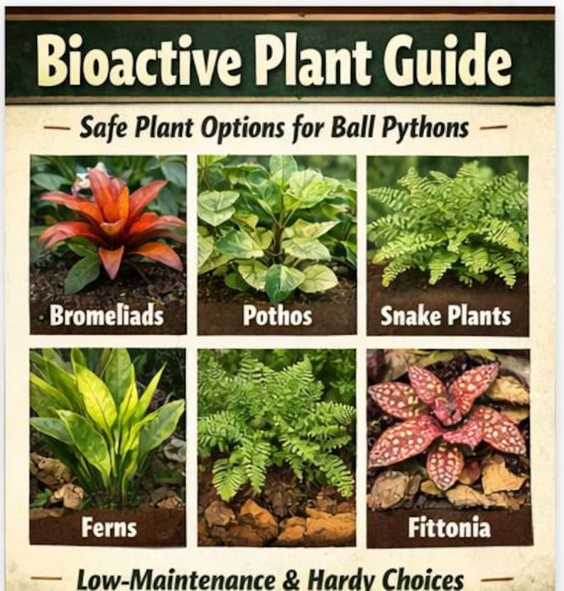 Peut inclure: Un guide intitul&eacute; "Bioactive Plant Guide" avec des images de plantes. Le guide met en &eacute;vidence des options de plantes s&ucirc;res et &agrave; faible entretien pour les pythons royaux, notamment les brom&eacute;liac&eacute;es, les pothos, les plantes serpent, les foug&egrave;res et les fittonias.