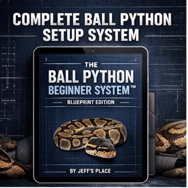 Op de afbeelding: Een tablet toont "THE BALL PYTHON BEGINNER SYSTEM" met een blauwdrukontwerp en een slangenafbeelding. De tekst "COMPLETE BALL PYTHON SETUP SYSTEM" staat bovenaan. De tekst onderaan luidt "BY JEFF'S PLACE".