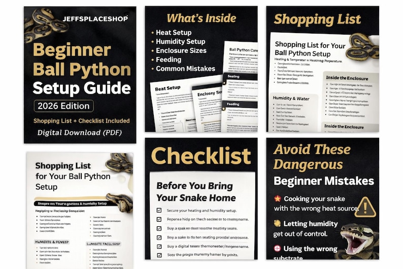 Puede incluir: Una gu&iacute;a digital para principiantes en la tenencia de pitones bola. La gu&iacute;a incluye una lista de compras, una lista de verificaci&oacute;n e informaci&oacute;n sobre calor, humedad, tama&ntilde;os de recinto y alimentaci&oacute;n. La portada es negra con texto dorado.