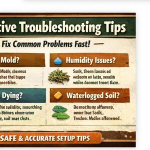 Peut inclure: Panneau informatif "Bioactive Troubleshooting Tips" avec des sections sur les probl&egrave;mes courants, tels que les parasites, la moisissure et les probl&egrave;mes d'humidit&eacute;. Le panneau est marron et vert.