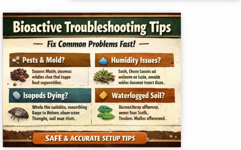 Peut inclure: Panneau informatif "Bioactive Troubleshooting Tips" avec des sections sur les probl&egrave;mes courants, tels que les parasites, la moisissure et les probl&egrave;mes d'humidit&eacute;. Le panneau est marron et vert.