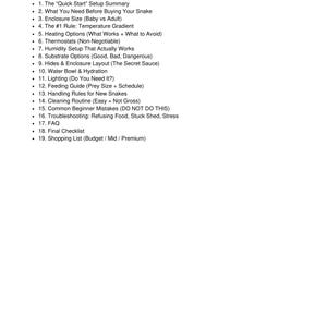Puede incluir: Una p&aacute;gina blanca con el t&iacute;tulo "Tabla de Contenidos" y una lista numerada de temas relacionados con el cuidado de serpientes. Los temas incluyen el tama&ntilde;o del recinto, opciones de calefacci&oacute;n, humedad y gu&iacute;as de alimentaci&oacute;n. El texto es negro.