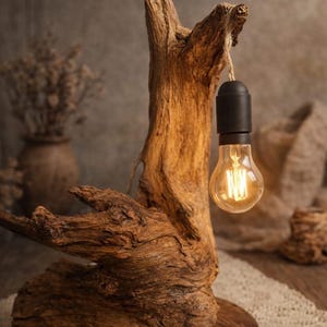 Può includere: Lampada da tavolo rustica in legno con un design naturale e organico. La lampada presenta una grande base in legno di deriva strutturato, con una lampadina Edison sospesa. La lampadina è sospesa da un portalampada nero con una corda naturale. Il legno ha caldi toni marroni.