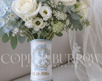 Custom Embroidered Wedding Bouquet Wrap | Monogram, Date, Pearl Pins | Personalized Bridal Bouquet Wrap