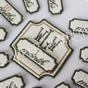 Puede incluir: Parches de tela bordados con las palabras "1 mes", "2 meses", "4 meses" y "10 meses". Los parches tienen un fondo blanco con un estampado floral, ribete verde oscuro y detalles dorados. Para fotos de hitos del bebé.