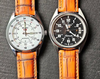 Lot of 2 Vintage Automatic Seiko 5 Refurbished Wrist Watch, Black/White Dial, 36mm