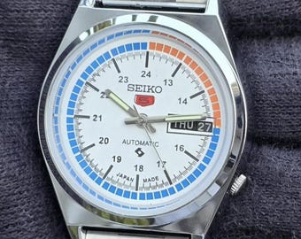 Vintage Seiko 5 white dial refurbished wrist watch working condition case 36mm