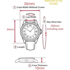 May include: Diagram of a wristwatch with measurements. The watch case width is 36mm, the lug width is 18mm, and the length is 44mm. The case thickness is 10mm. The maximum wrist size is 200mm including the case. Text reads "Welcome to my STORE".