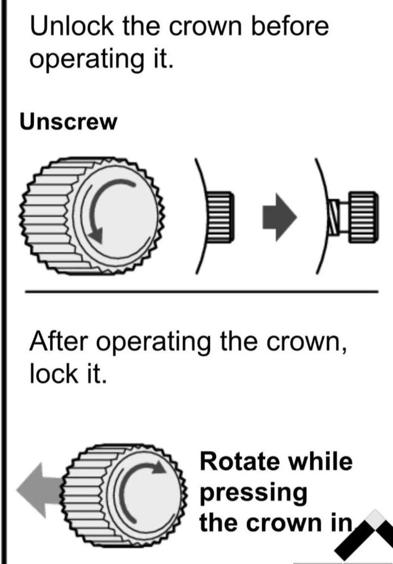 May include: Diagram illustrating how to unlock and lock a crown. The text reads: "Unlock the crown before operating it. Unscrew." and "After operating the crown, lock it. Rotate while pressing the crown in."
