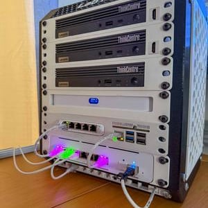 May include: A server rack with four Lenovo ThinkCentre computers stacked above network devices. The rack is black and white with visible cables and ports. The top of the rack has the text "Lab Rox".