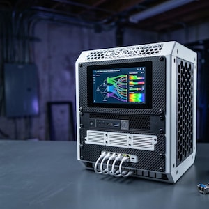 May include: A white and black server rack with a screen displaying colorful data visualizations. The rack has a honeycomb side panel and the text "Lab Rax" on the top. Cables are connected to the front.