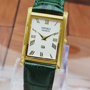 Vintage Seiko Tank Watch: Gold Plated Rectangular Case, White Roman Numeral Dial