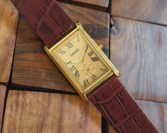 Vintage Seiko Tank Watch: Gold Plated Rectangular Case-Gold Roman Numeral Dial
