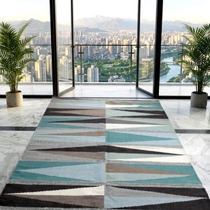 Tappeto Dhurrie geometrico a tessitura piatta, tessuto a mano – Tappeto in stile boho moderno di metà secolo (verde acqua, marrone, grigio)