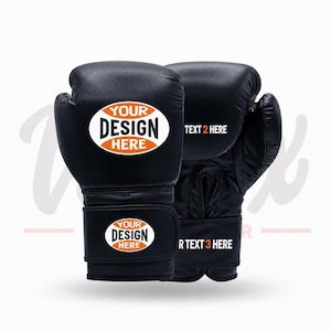 May include: A pair of black boxing gloves featuring custom print areas. The left glove displays an oval logo with the text YOUR DESIGN HERE, repeated on the wrist strap. The right glove includes the text TEXT 2 HERE and TEXT 3 HERE.