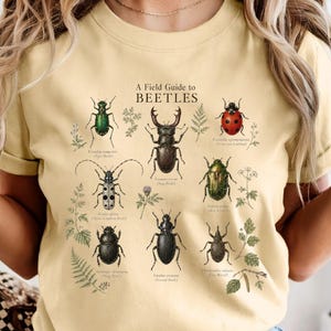 May include: A light yellow t-shirt featuring a graphic print titled A Field Guide to BEETLES. The design displays various beetle illustrations in black, green, and red, accompanied by botanical sketches and text labels for each insect species.