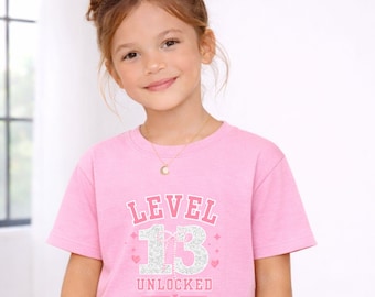 Level 13 Unlocked Girls Thirteenth Birthday Party Shirt 13 Years Old Birthday Tee Pearl Bows Preppy Cute Party Outfit for 13th Birthday