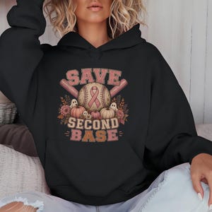 Save Second Base Hoodie, Vintage Pink Ribbon Halloween Sweatshirt for Breast Cancer Awareness, Retro Varsity Comfort Colors Sweatshirt
