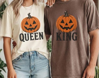 Koszulki na Halloween dla par | Koszulki z Królem i Królową Dyń | Koszulka w jesiennych, komfortowych kolorach w stylu retro | Strój dla niego i dla niej | Prezent dla pary