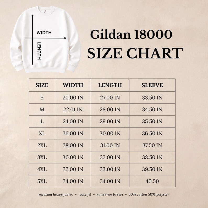 Może przedstawiać: Tabela rozmiar&oacute;w Gildan 18000 z grafiką białej bluzy oraz wskaźnikami szerokości i długości. Tabela zawiera rozmiary od S do 5XL wraz z odpowiednimi wymiarami w calach oraz szczeg&oacute;łami dotyczącymi składu materiału.