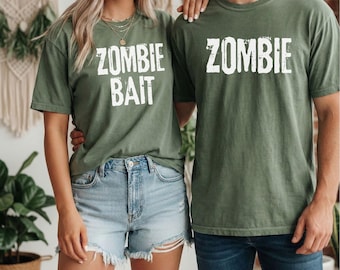 Koszulki na Halloween dla par | Koszulki z motywem zombie i zombie | Zabawna koszulka w stylu retro w komfortowych kolorach | Strój dla niego i dla niej | Prezent dla pary