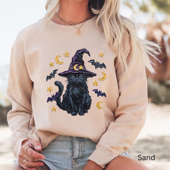 Black Cat Witch Shirt Halloween Cat Tee Witchy Cat Sweatshirt Cute Spooky Season Shirt Halloween Cat Lover Gift Fall Teacher Graphic Tee